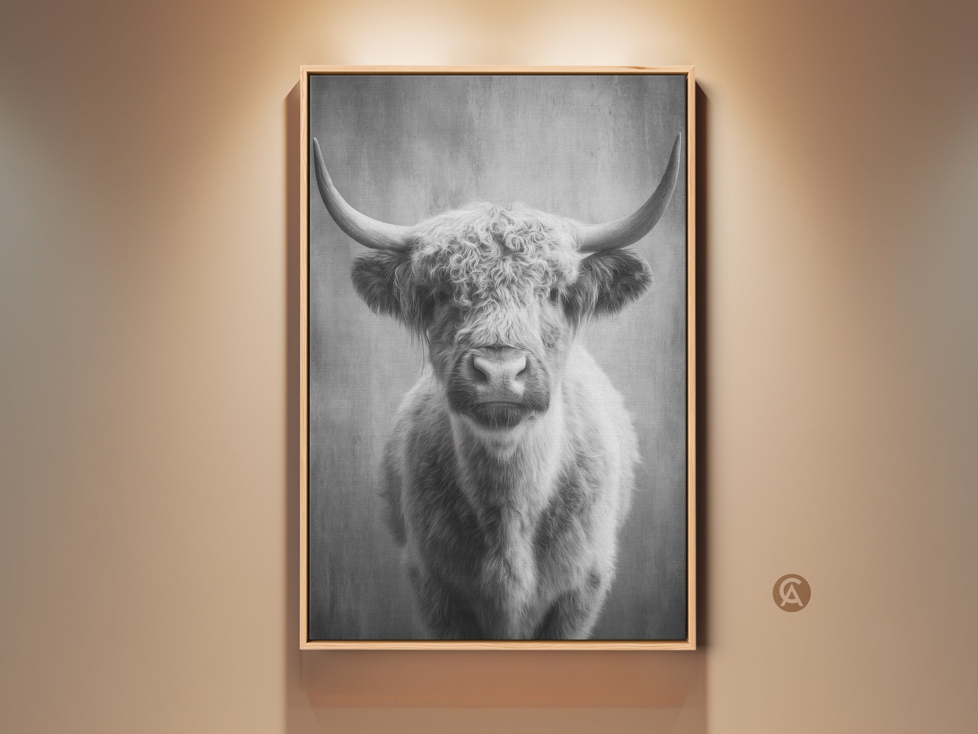 Framed monochrome highland cow art print displayed on a wall. The rustic farmhouse wall decor features Scottish cattle. This canvas art adds a touch of country charm to any room. Perfect as rustic animal artwork.