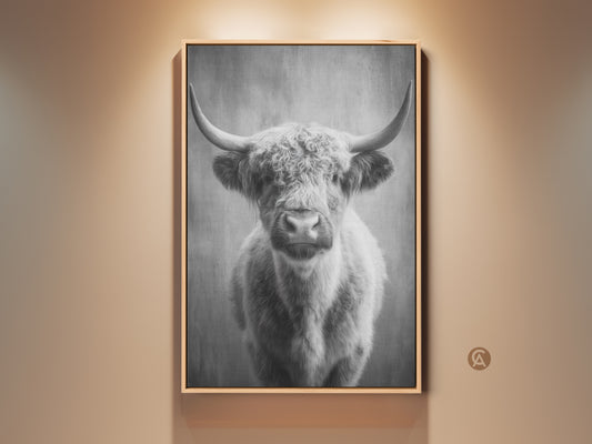 Framed monochrome highland cow art print displayed on a wall. The rustic farmhouse wall decor features Scottish cattle. This canvas art adds a touch of country charm to any room. Perfect as rustic animal artwork.