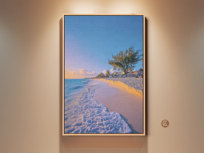 Framed Sky Blue Aqua Beach Canvas Art features tropical palm trees and ocean landscape. This coastal home decor wall art brings a relaxing beach atmosphere. Perfect housewarming gift for beach lovers. Enhance your coastal living room with this ocean view artwork.