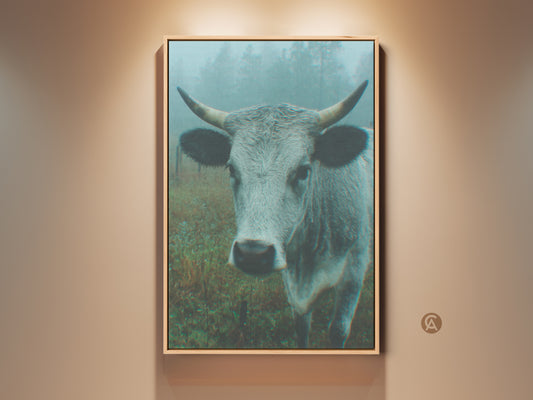 Framed canvas print featuring a cow in a misty field. The artwork has a modern style. Displayed on a beige wall with a warm spotlight. Perfect for rustic home decor.