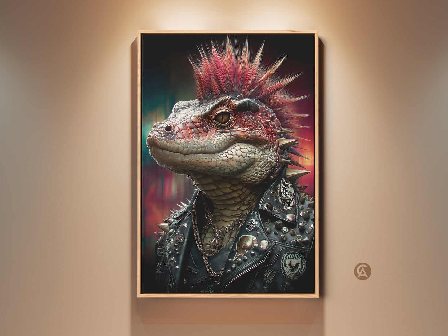 Gothic Punk Lizard framed art print. This reptile wall art features a lizard with a spiked jacket and red mohawk. A unique piece of man cave decor. The artwork is black red and silver. This alternative gift is printed on premium canvas.