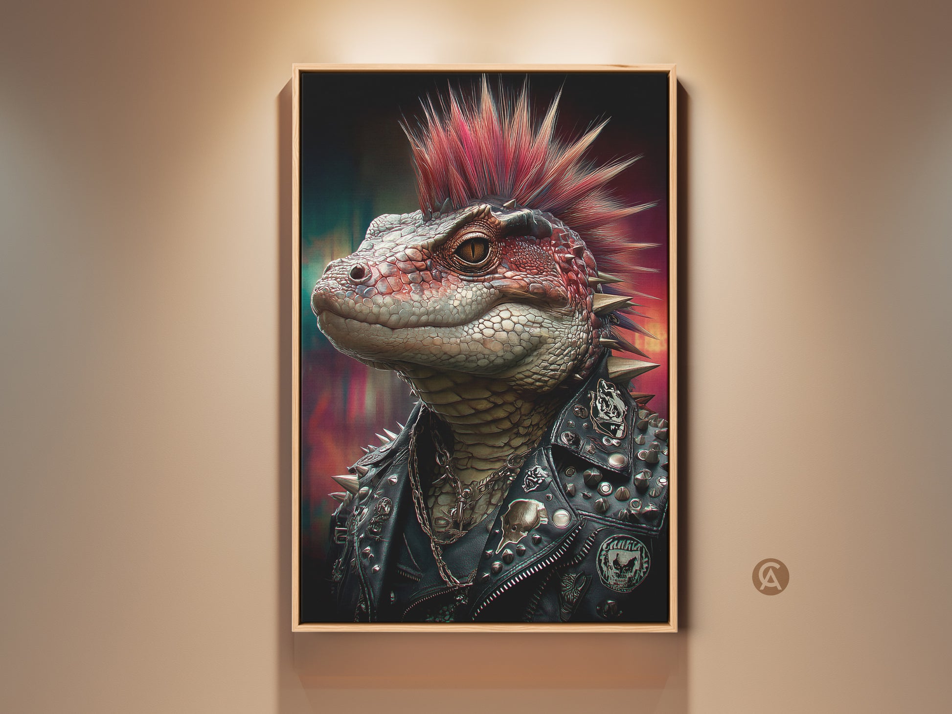 Gothic Punk Lizard framed art print. This reptile wall art features a lizard with a spiked jacket and red mohawk. A unique piece of man cave decor. The artwork is black red and silver. This alternative gift is printed on premium canvas.