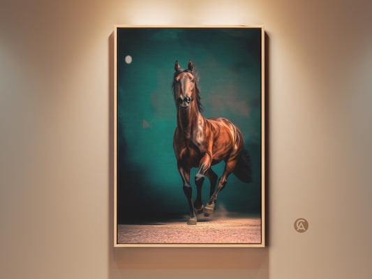 Realistic brown horse canvas print. See the powerful horse in motion against a teal and green backdrop.  Equestrian wall decor for horse lovers adds contemporary elegance to any room. A unique animal print and sophisticated equestrian gift idea.