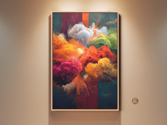 Abstract Expressionism wall art is on display. This dynamic color burst print is a contemporary piece for a den or home office. The artwork features orange red and green hues in an energetic explosion. This eclectic home style art makes a great housewarming gift. It is a unique abstract artwork.