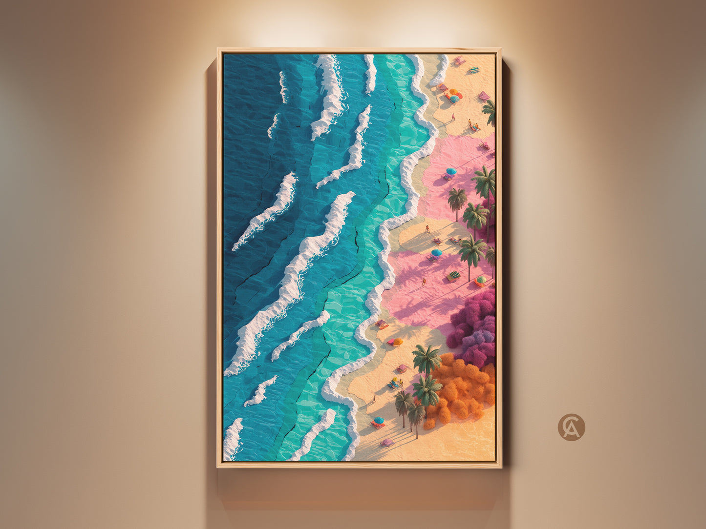 Framed beach artwork for sale. This is a premium framed print. It shows a tropical beach with blue water pink sand and palm trees. A beautiful coastal art piece ready to hang.
