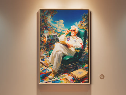 A vibrant art piece shows an astronaut relaxing in a green chair. He is surrounded by books and space memorabilia. The astronaut is wearing a white NASA jumpsuit and yellow shoes. This artwork brings a touch of space exploration to your home decor. Perfect for space enthusiasts and art collectors