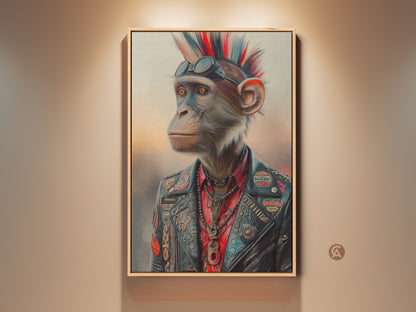 Rock and roll chimpanzee canvas print. A punk animal wall art piece displays a leather jacket monkey. This eclectic gift idea suits music lovers. The rebellious artwork adds edgy decor to a man cave or office space. This animal portrait print embodies alternative style and a rebellion theme