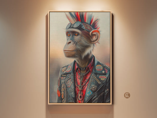 Rock and roll chimpanzee canvas print. A punk animal wall art piece displays a leather jacket monkey. This eclectic gift idea suits music lovers. The rebellious artwork adds edgy decor to a man cave or office space. This animal portrait print embodies alternative style and a rebellion theme