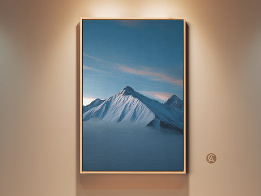 Deep Blue Snowy Mountain Canvas Print for serene wall decor. This modern nature artwork brings a misty valley landscape to your home. A tranquil and captivating piece for any room.