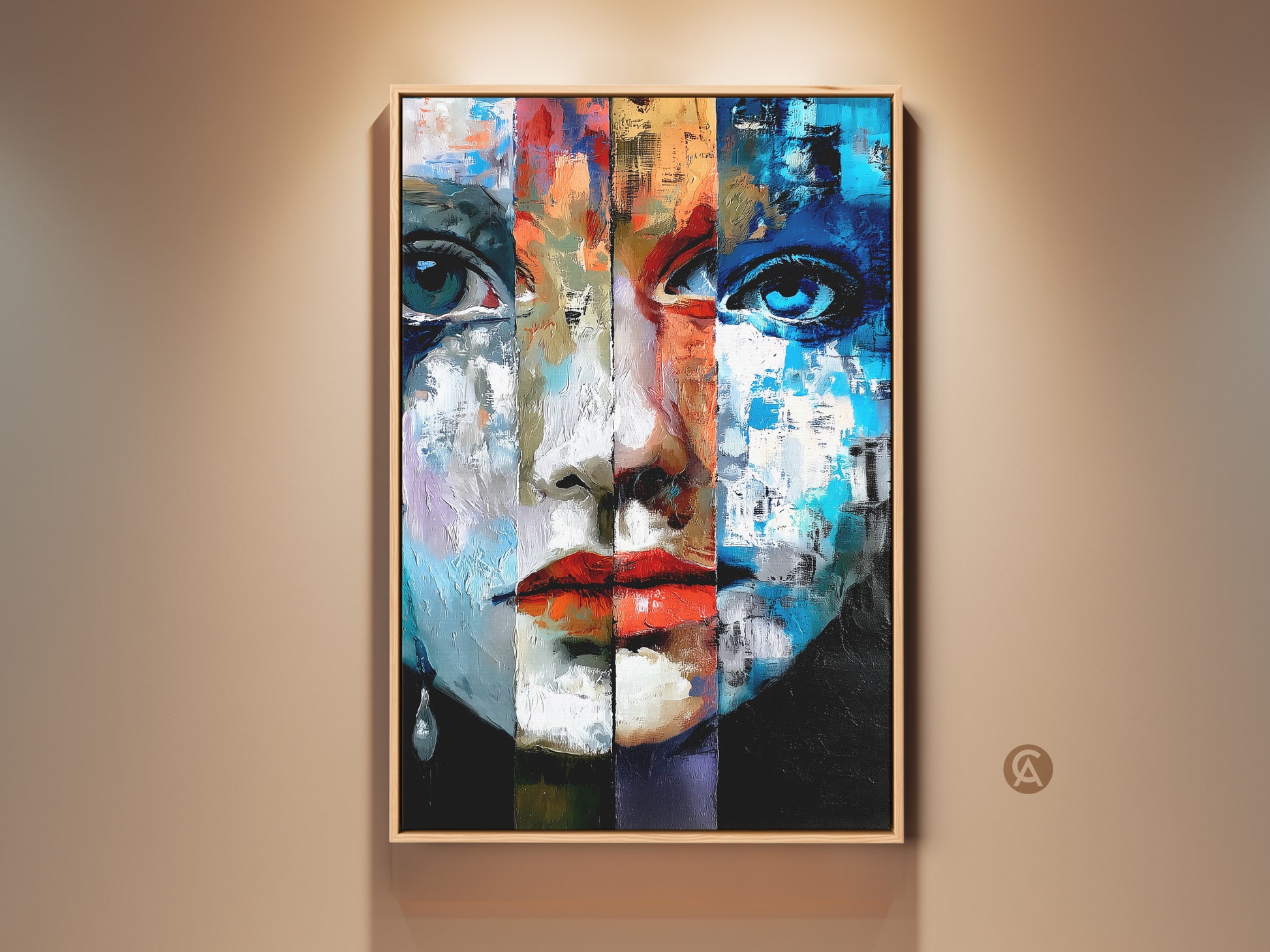 Framed Abstract Portrait art print of a Woman's Face in Expressionism style. This eclectic wall decor features bold blue red and orange hues. A unique piece brings artistic flair to any home or office space.