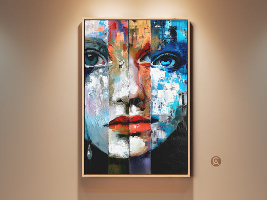 Framed Abstract Portrait art print of a Woman's Face in Expressionism style. This eclectic wall decor features bold blue red and orange hues. A unique piece brings artistic flair to any home or office space.