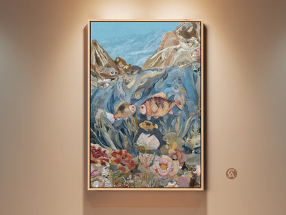 Framed eclectic underwater collage art print. This artwork features fish and coral reef in blue orange and teal tones. It is a bedroom wall art gift that brings nature indoors.