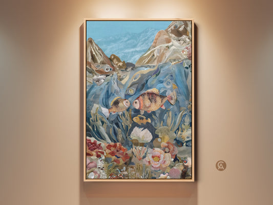 Framed eclectic underwater collage art print. This artwork features fish and coral reef in blue orange and teal tones. It is a bedroom wall art gift that brings nature indoors.