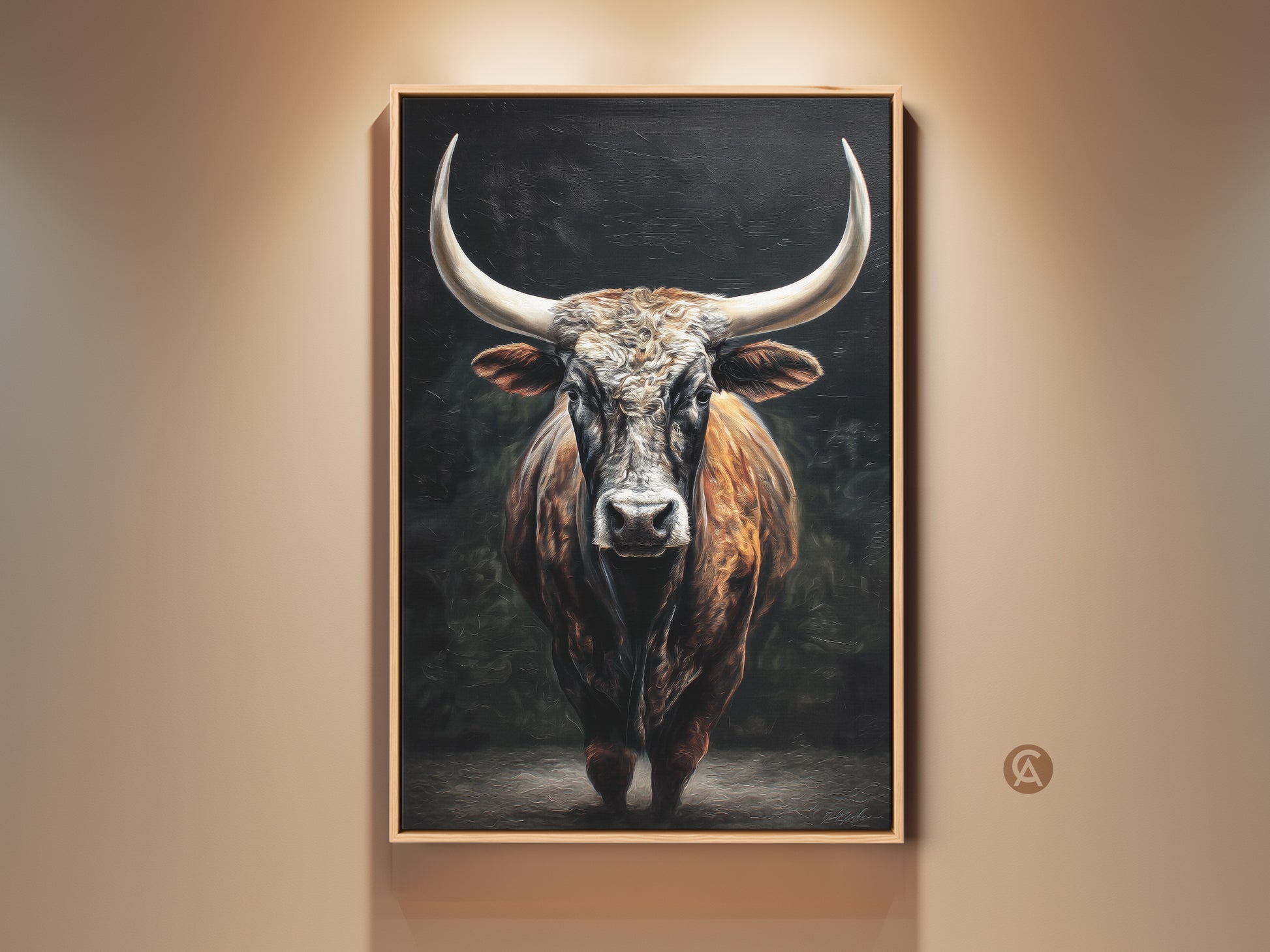 This farmhouse bull wall art adds rustic charm. The Texas Longhorn canvas print features brown and tan animal artwork. It's perfect for a home office or study decor. A unique gift for animal lovers. This wildlife canvas embodies country style art. The bull portrait print adds western flair.