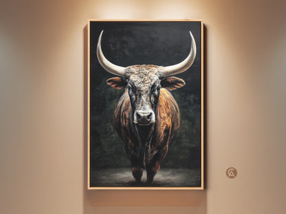 This farmhouse bull wall art adds rustic charm. The Texas Longhorn canvas print features brown and tan animal artwork. It's perfect for a home office or study decor. A unique gift for animal lovers. This wildlife canvas embodies country style art. The bull portrait print adds western flair.