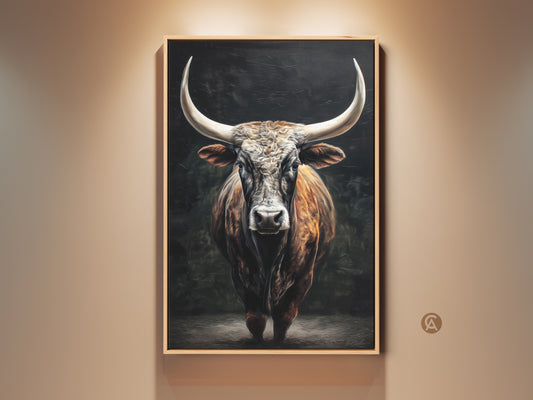 This farmhouse bull wall art adds rustic charm. The Texas Longhorn canvas print features brown and tan animal artwork. It's perfect for a home office or study decor. A unique gift for animal lovers. This wildlife canvas embodies country style art. The bull portrait print adds western flair.