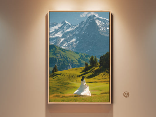 A stunning mountain landscape canvas print. A woman in a white dress stands in a green field. Snow-capped peaks rise against a blue sky. It brings nature's beauty and ethereal charm to your home. It's ideal for bedrooms or living rooms adding contemporary style and nature-inspired interiors.