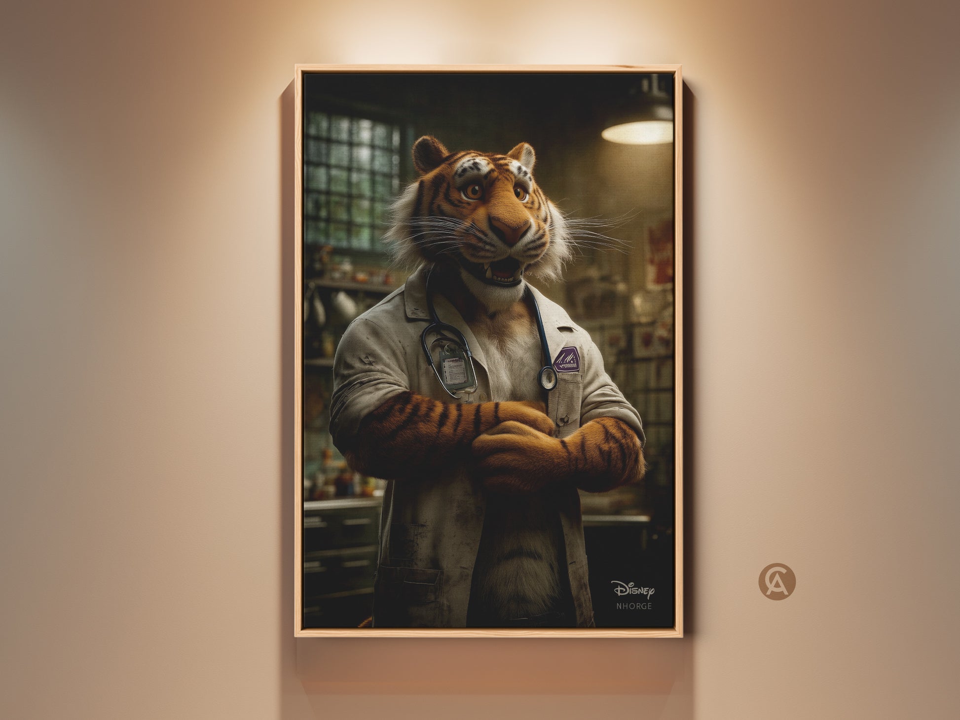 A whimsical Disney art piece. It features a tiger dressed as a doctor in a framed artwork. The tiger has a stethoscope and a lab coat. A unique and imaginative piece for animal and art lovers alike. A creative blend of wildlife and the medical field.