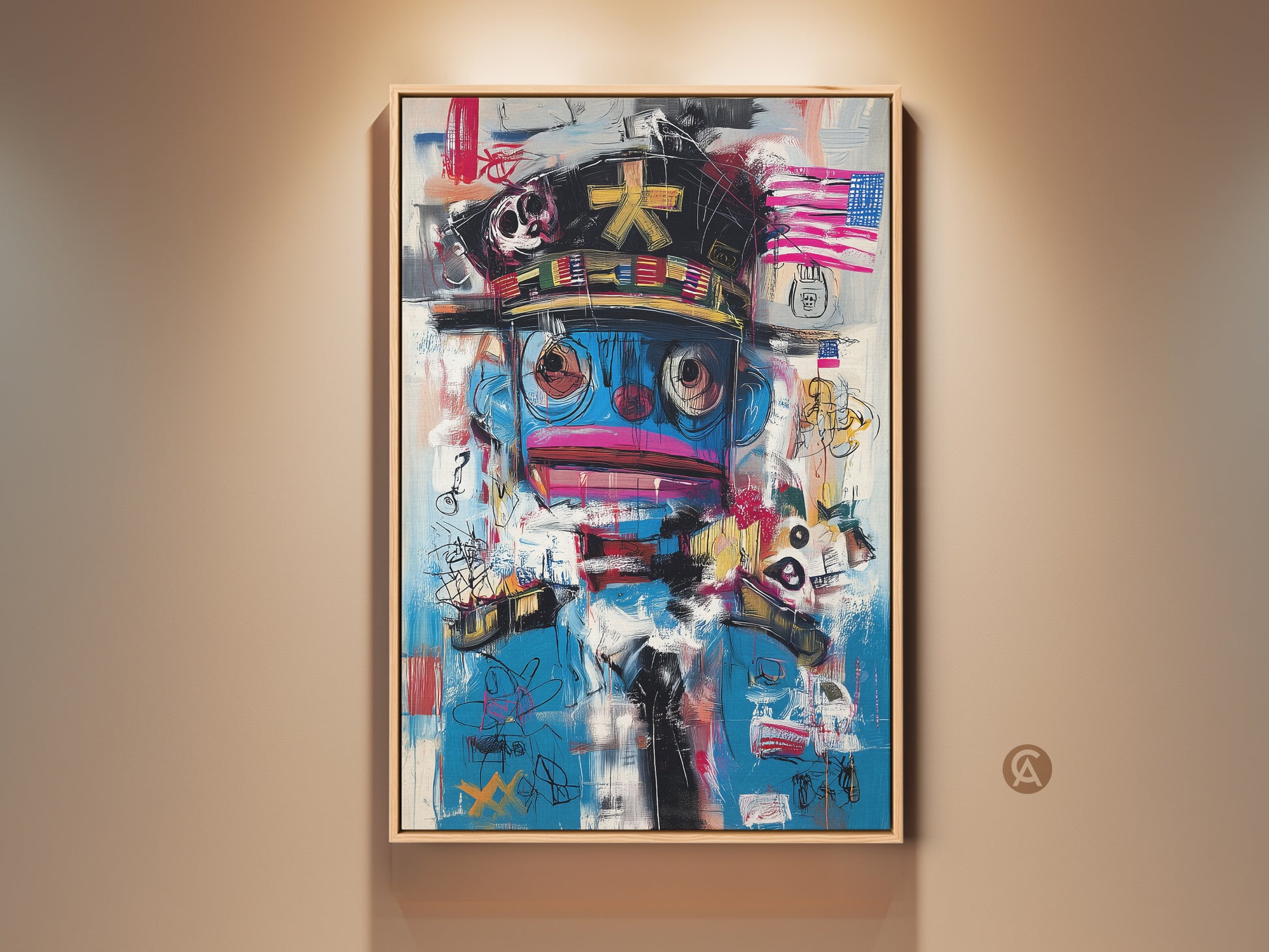 Eclectic wall decor featuring a graffiti style character portrait. This abstract pop culture canvas art blends blue and red hues. A bold statement piece perfect for a modern urban aesthetic. Add a unique touch to your home office with this vibrant street art figurative painting.