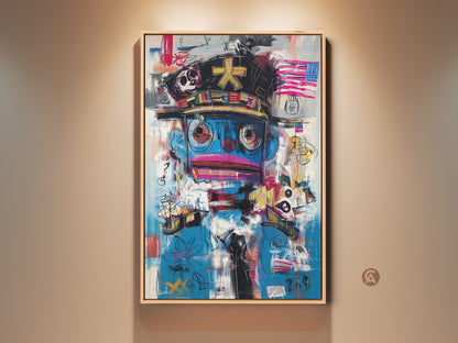 Eclectic wall decor featuring a graffiti style character portrait. This abstract pop culture canvas art blends blue and red hues. A bold statement piece perfect for a modern urban aesthetic. Add a unique touch to your home office with this vibrant street art figurative painting.