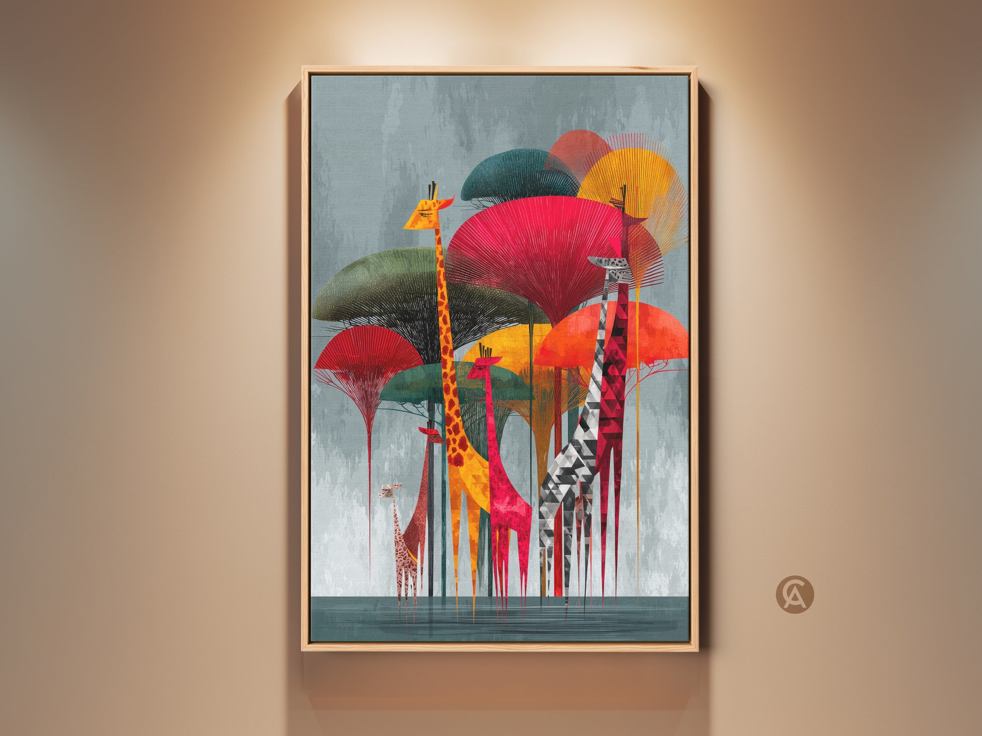 A striking Geometric Giraffe canvas artwork with a modern folk art aesthetic. The abstract composition has reds yellows and teal. A perfect piece for eclectic home decor and a thoughtful housewarming gift for animal lovers. Savanna-inspired art that adds color and contemporary charm to your living room art.