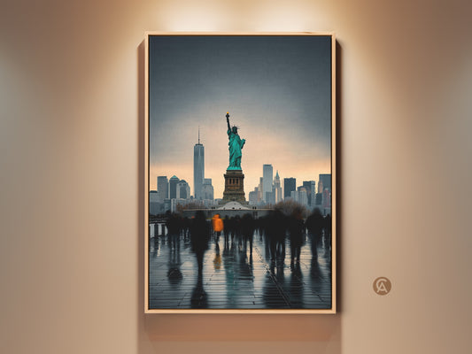 NYC skyline art print featuring the Statue of Liberty. This contemporary artwork blends teal gray and orange tones. A cinematic cityscape provides modern wall art for your home. It's a great housewarming gift or a piece of New York themed decor.