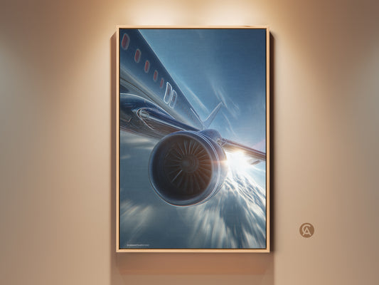 Framed modern aviation canvas art featuring a futuristic jet engine against a deep blue sky. This office artwork is a sleek metallic aviation decor piece. The luxury jet canvas is framed in a light wood tone adding a contemporary touch to any executive office or aviation enthusiast's space.