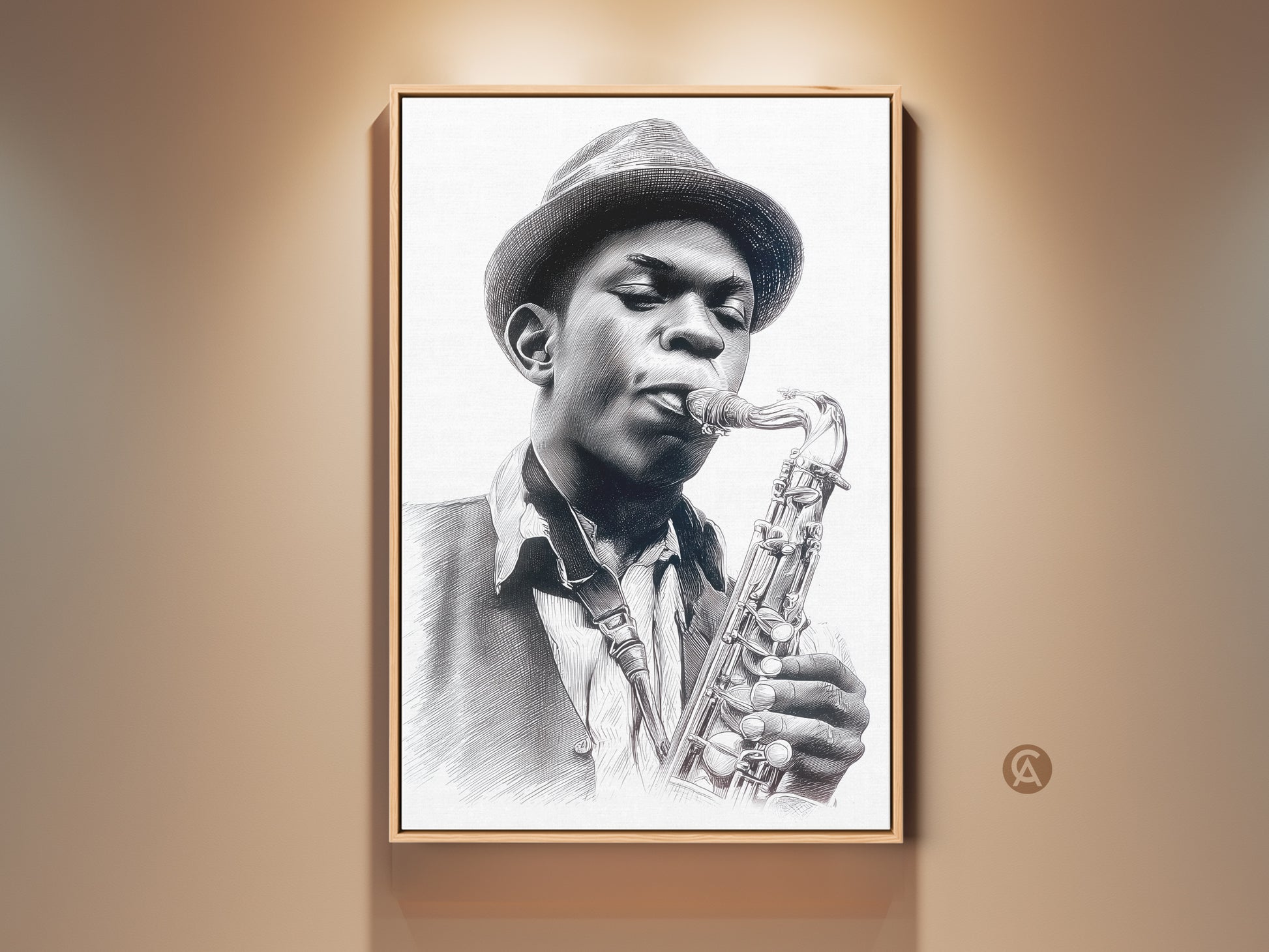 Framed portrait of a musician playing the saxophone. This artwork features a man with a hat in a pencil sketch style. The musician is holding his instrument. The art print is displayed in a wood frame under lights.
