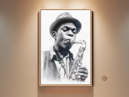 Framed portrait of a musician playing the saxophone. This artwork features a man with a hat in a pencil sketch style. The musician is holding his instrument. The art print is displayed in a wood frame under lights.