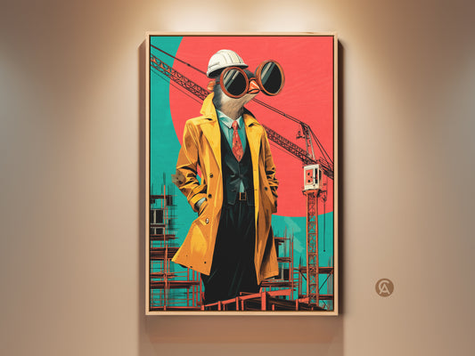 Surrealist bird architect print features a bird with a hard hat and yellow trench coat. The pop art construction canvas wall art has red teal and yellow artwork. This office decor is a unique gift for architects.