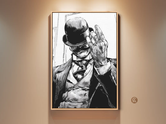 Vintage gentleman portrait art in a study office setting. This striking monochrome art print captures a distinguished man in a bowler hat. The intricate details evoke Gothic and Dark Academia aesthetics for a vintage feel. Add sophistication to your study office or living space with this sophisticated wall art.