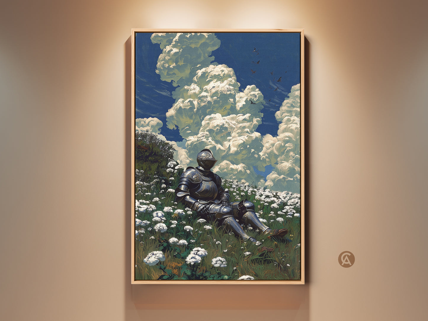 Medieval knight art print shows a warrior resting in a flower field. Romanticism style wall art features a blue sky with clouds. It's fantasy home decor. This art evokes solitude.