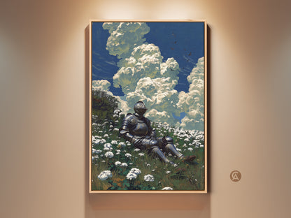 Medieval knight art print shows a warrior resting in a flower field. Romanticism style wall art features a blue sky with clouds. It's fantasy home decor. This art evokes solitude.