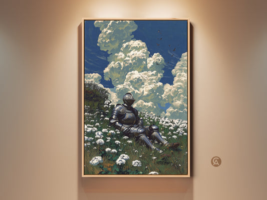 Medieval knight art print shows a warrior resting in a flower field. Romanticism style wall art features a blue sky with clouds. It's fantasy home decor. This art evokes solitude.