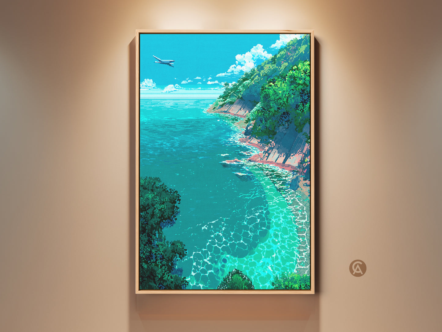 Elevate your space with this framed ocean view artwork. A plane flies over the crystal-clear turquoise water and lush green cliffs. This serene coastal scene brings a touch of nature to any room. Perfect for ocean lovers add a tranquil vibe to your home decor.