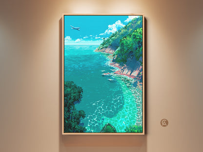 Elevate your space with this framed ocean view artwork. A plane flies over the crystal-clear turquoise water and lush green cliffs. This serene coastal scene brings a touch of nature to any room. Perfect for ocean lovers add a tranquil vibe to your home decor.