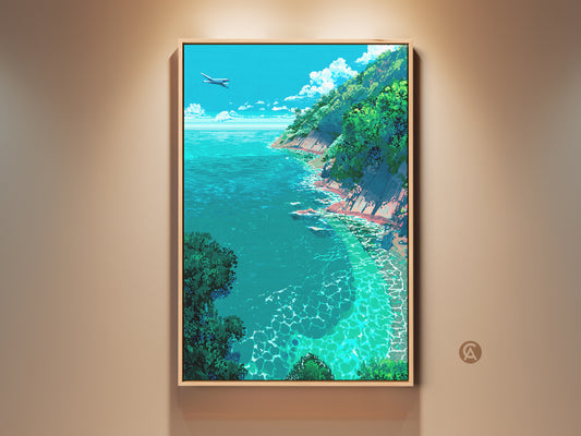 Elevate your space with this framed ocean view artwork. A plane flies over the crystal-clear turquoise water and lush green cliffs. This serene coastal scene brings a touch of nature to any room. Perfect for ocean lovers add a tranquil vibe to your home decor.