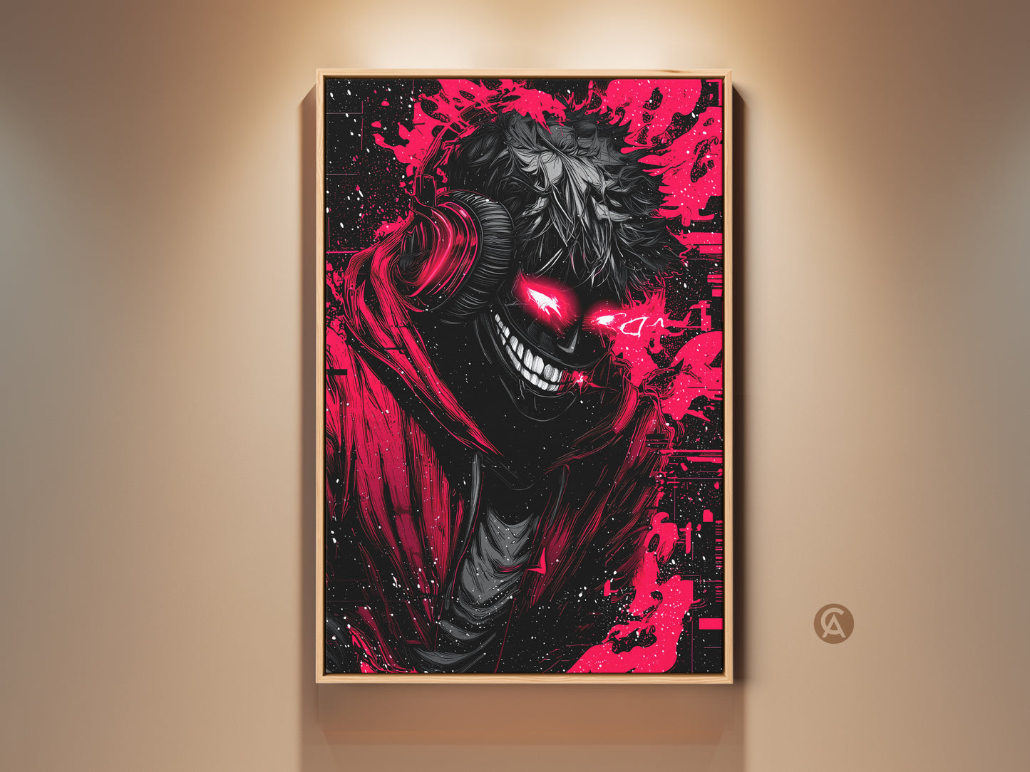 Framed artwork featuring a red and black demon with glowing eyes. The demon art is displayed in a wooden frame. Perfect for horror art fans. Shop edgy art prints now.