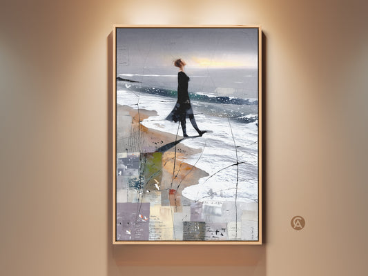 Blue Grey White Abstract Beach Art Print. A coastal woman figure walks on the beach. It's a contemporary canvas for bedroom or living room decor. This artwork brings minimalist coastal vibes.