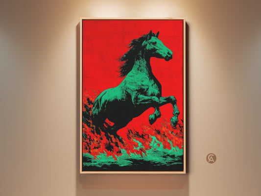 Eclectic green horse canvas art print. A striking pop art style artwork perfect for adding a bold touch. The horse is set against a vibrant red and orange background. This animal fantasy art makes a unique housewarming gift. It is ideal for horse stables or entryway wall decor. This is a modern equestrian print.