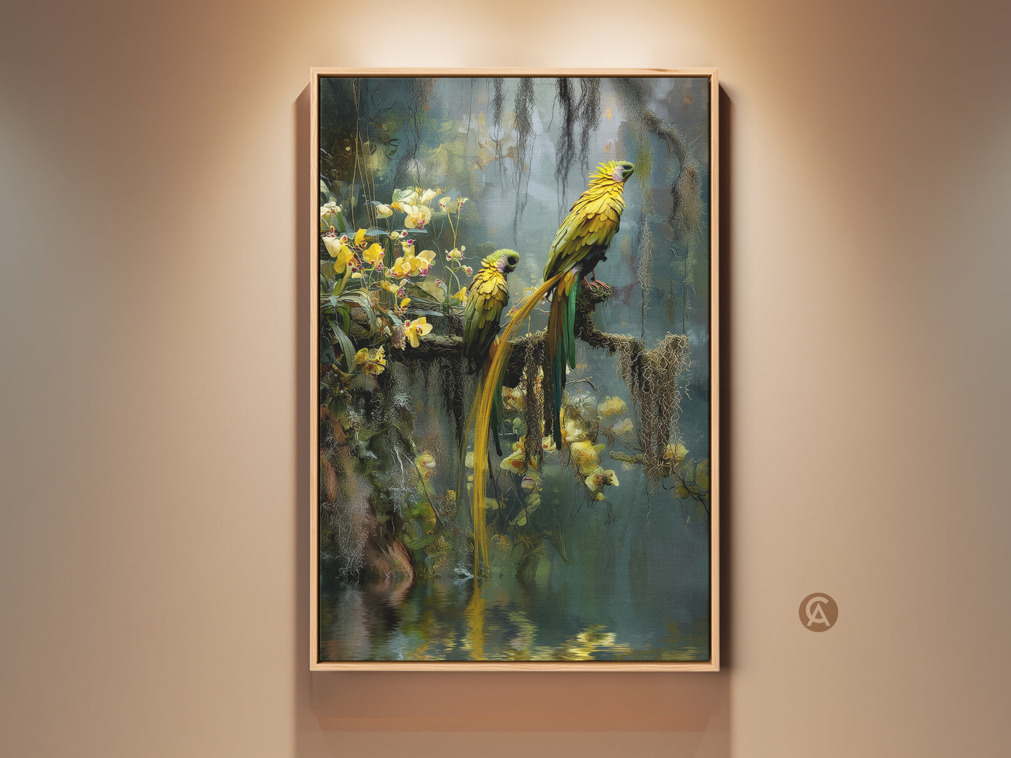 Vibrant yellow parrots are perched on a branch with yellow orchids. This stunning canvas print brings tropical nature into your home. The photorealistic animal artwork captures the beauty of exotic bird wildlife. This boho home decor is perfect for nature and bird lovers adding a touch of jungle theme to your walls.