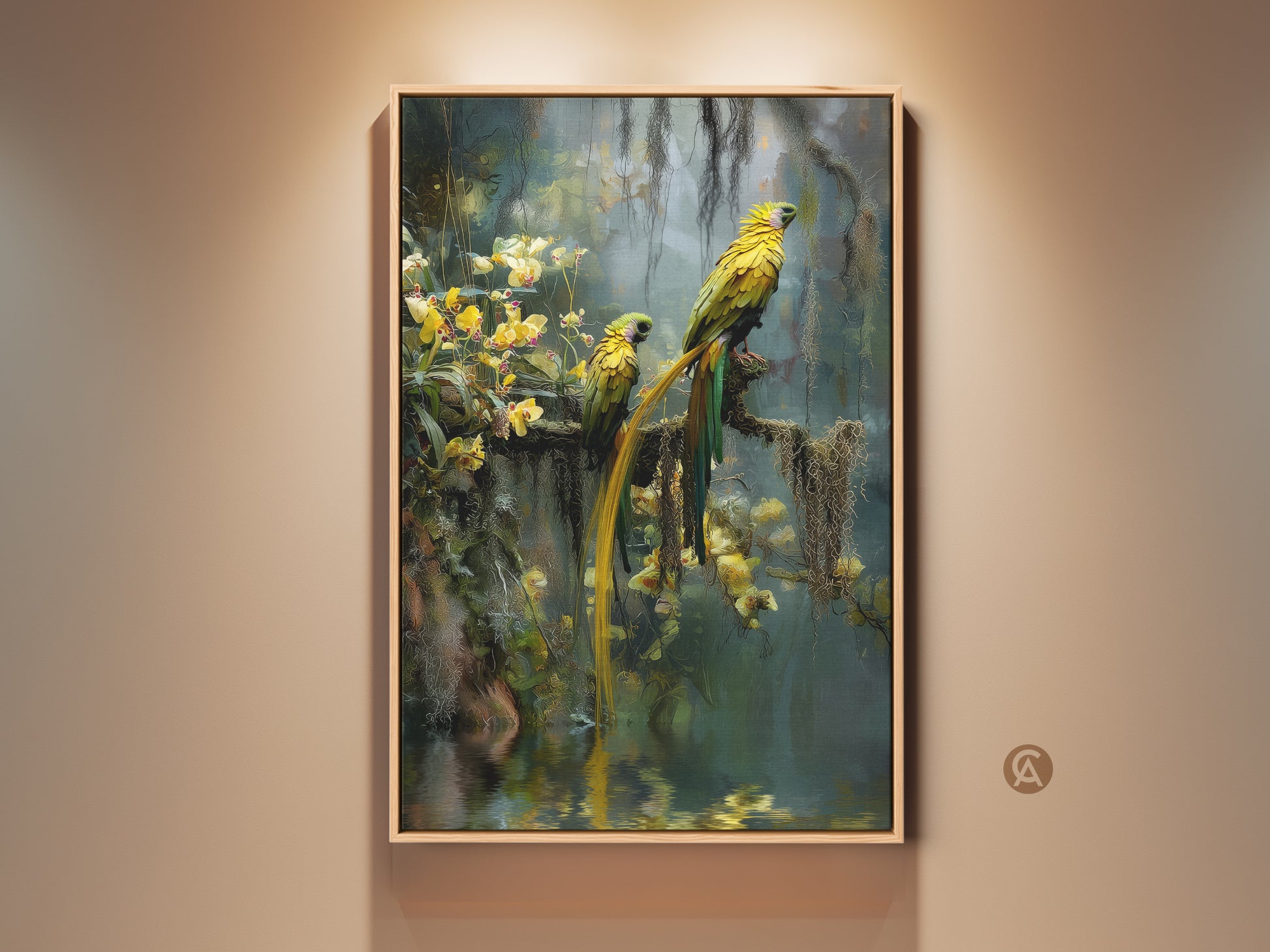 Vibrant yellow parrots are perched on a branch with yellow orchids. This stunning canvas print brings tropical nature into your home. The photorealistic animal artwork captures the beauty of exotic bird wildlife. This boho home decor is perfect for nature and bird lovers adding a touch of jungle theme to your walls.