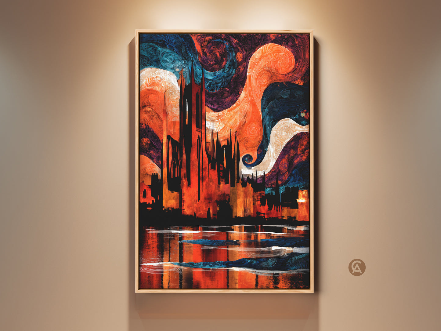 Framed Abstract Expressionist Cityscape canvas artwork. Gothic architecture wall decor in orange and blue swirls offers an eclectic home accent. This unique architectural print is a perfect housewarming gift for travel enthusiasts or art lovers.