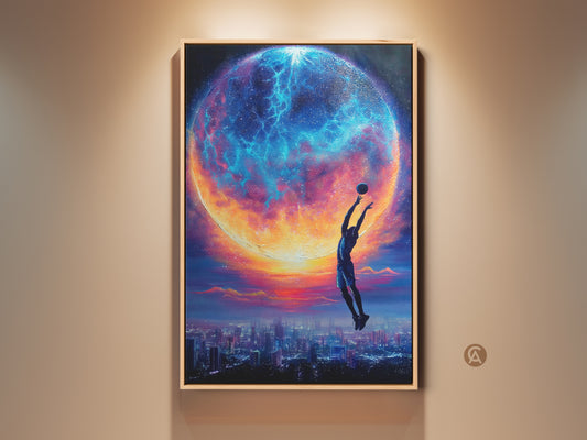 A vibrant canvas print shows a basketball player leaping toward a cosmic ball. It features a surreal space planet cityscape with blue teal orange hues. It's a great gift for sports enthusiasts. This contemporary artwork adds an inspiring touch to any office or living space wall decor.