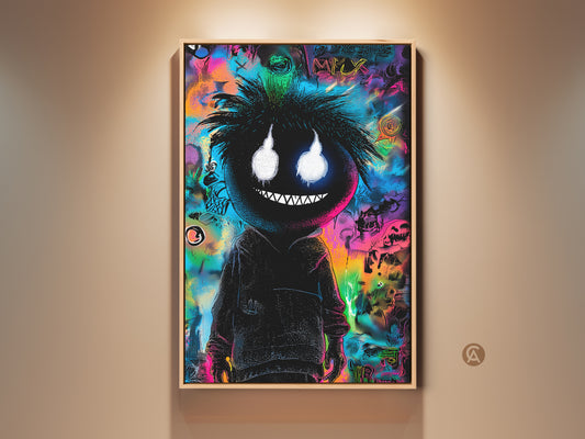Framed artwork featuring a black figure with glowing eyes and a graffiti background. The art style is modern and edgy. It's a unique piece for contemporary art collectors. The frame is made of wood.