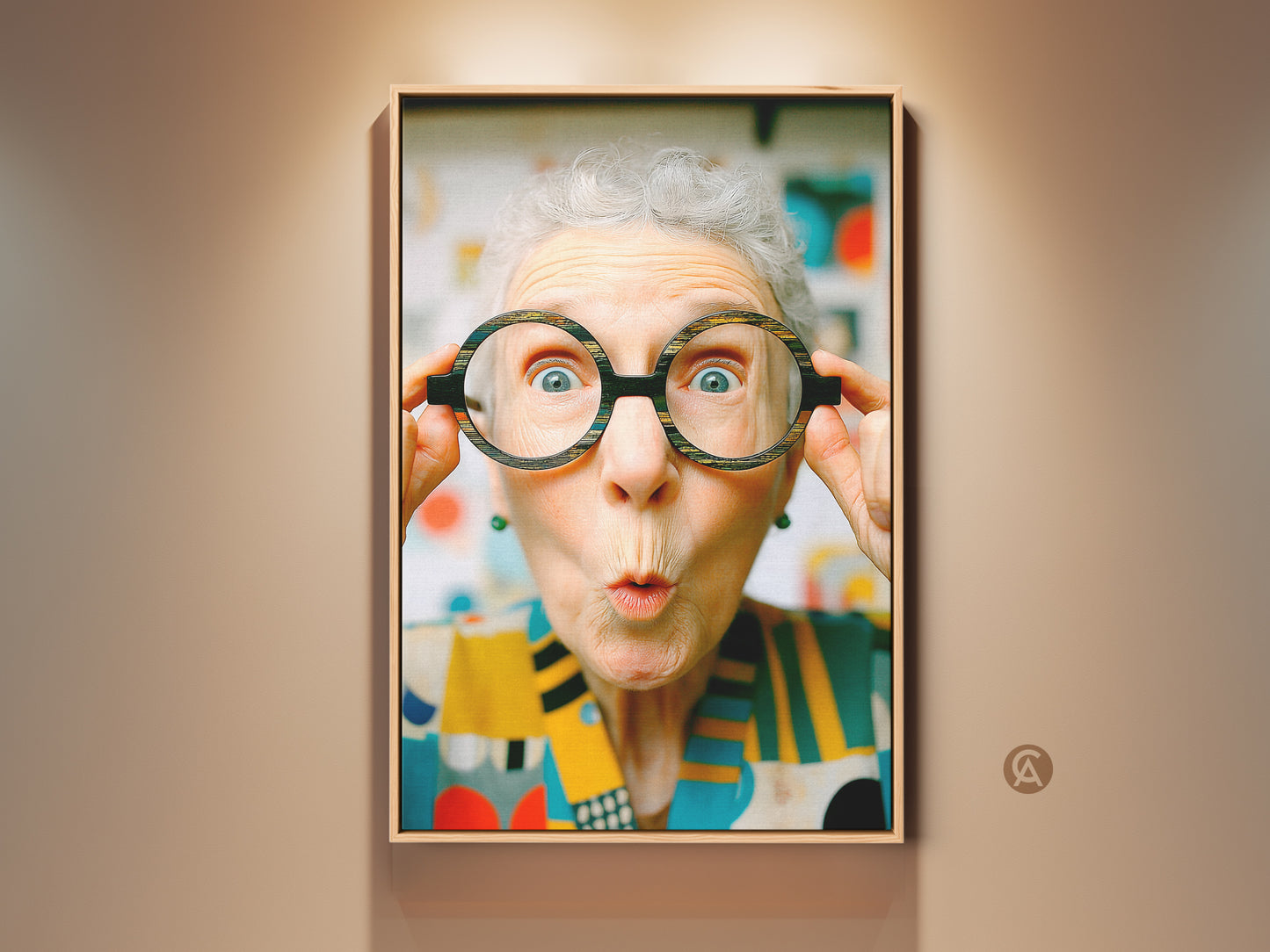 Framed artwork featuring a woman with oversized glasses. The art style is modern and quirky. It adds a pop of color and personality to any room. Perfect wall decor.