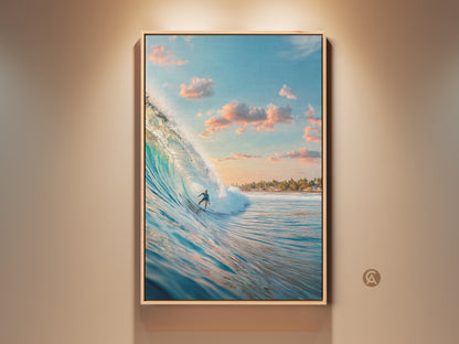 Experience the thrill with this framed canvas artwork. A surfer rides a large wave under a blue sky with pink clouds. This Ready to hang art piece captures the essence of surfing. Perfect for ocean lovers seeking adventure themed wall decor.