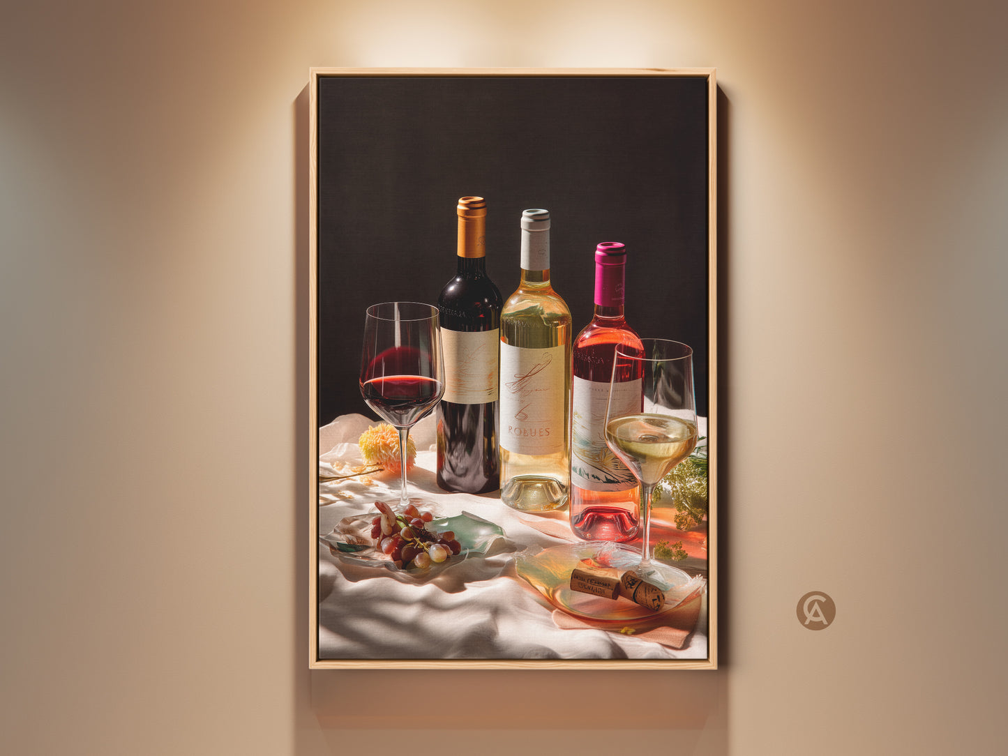 Contemporary wine still life wall art is beautifully framed. See photorealistic bottles and glasses. The deep red cream and gold decor adds luxury. This canvas print is perfect for wine lovers. It enhances dining rooms or home bars with sophisticated charm. A great housewarming gift indeed