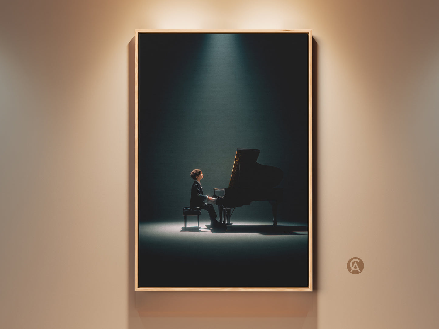 Dramatic piano art print featuring a musician bathed in spotlight. This captivating artwork is perfect for music lovers. It adds a touch of elegance and sophistication to any room. Shop now for high-quality piano art prints and elevate your home decor.