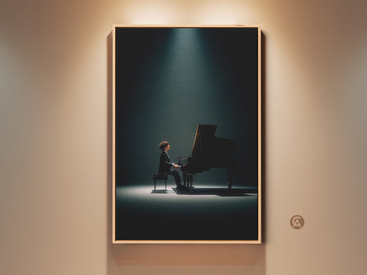 Dramatic piano art print featuring a musician bathed in spotlight. This captivating artwork is perfect for music lovers. It adds a touch of elegance and sophistication to any room. Shop now for high-quality piano art prints and elevate your home decor.